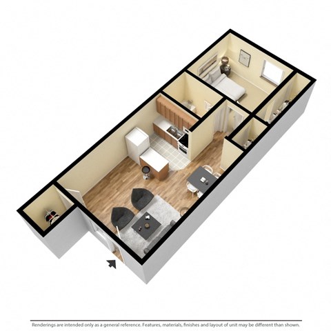 Floor plan for 1 bed, 1 bath, 624 sqft